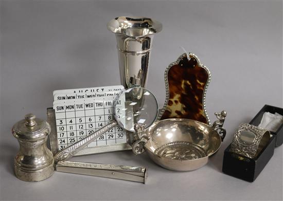 A late Victorian silver and tortoiseshell watch stand, London, 1892, a Sampson Mordan silver wax seal holder  & other items.